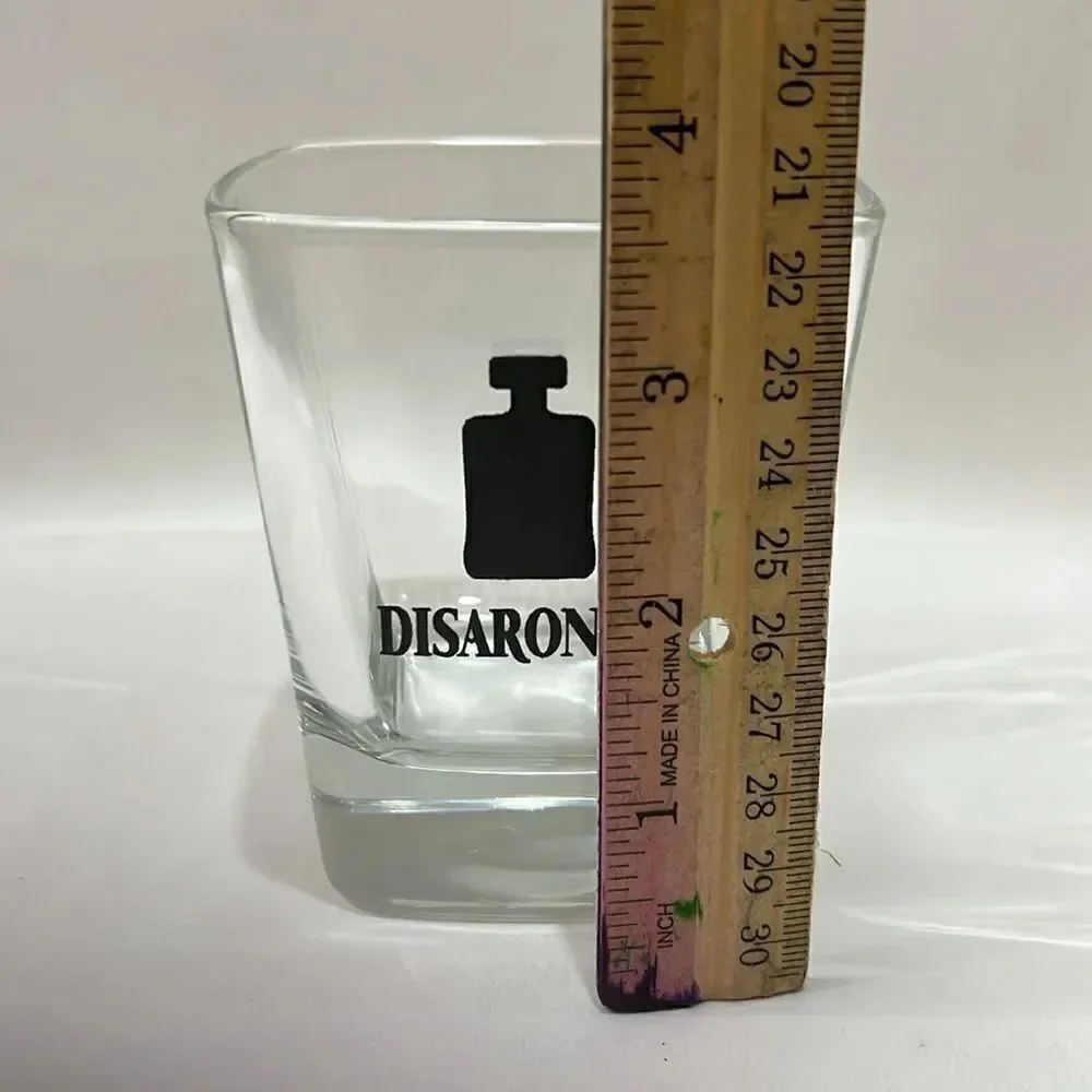 Disaronno Ameratto Glass 3 3/4 Tall 3 1/4 Top Black Bottle Rocks Low Ball Set 2